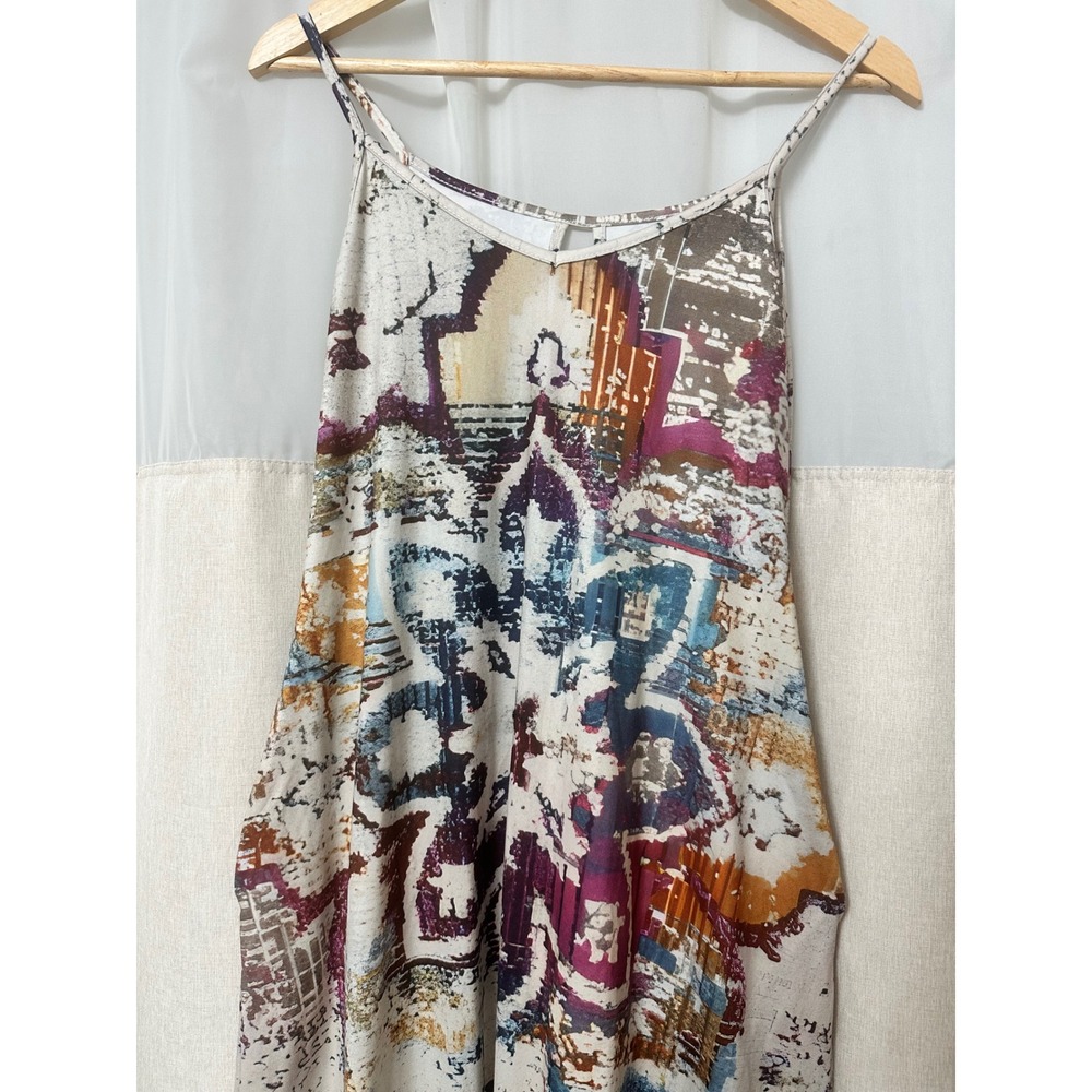 Boho Abstract Print Harem Jumpsuit Sleeveless Drop Crotch Pockets Multi-Color - Picture 2 of 10